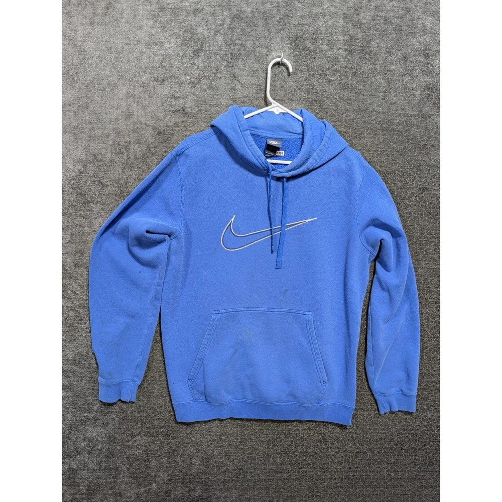 Nike Mens Blue Fleece Pullover Hoodie Embroidered Swoosh Logo Size Large 1384